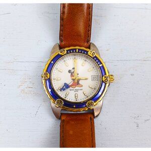 Vintage Disney Mickey Mouse Fantasia Time Works Watch Leather Strap & Gold-Tone